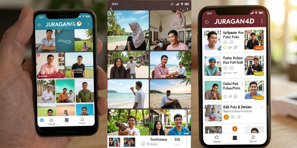Tampilan antarmuka JURAGAN4D dengan fitur kolase foto yang interaktif.